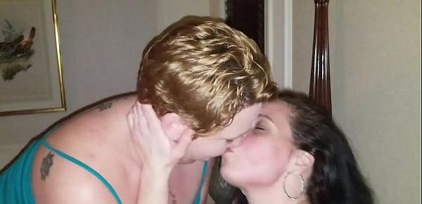  Chubby ladies kissing, intense make out. Lucky husband watches. Bbw